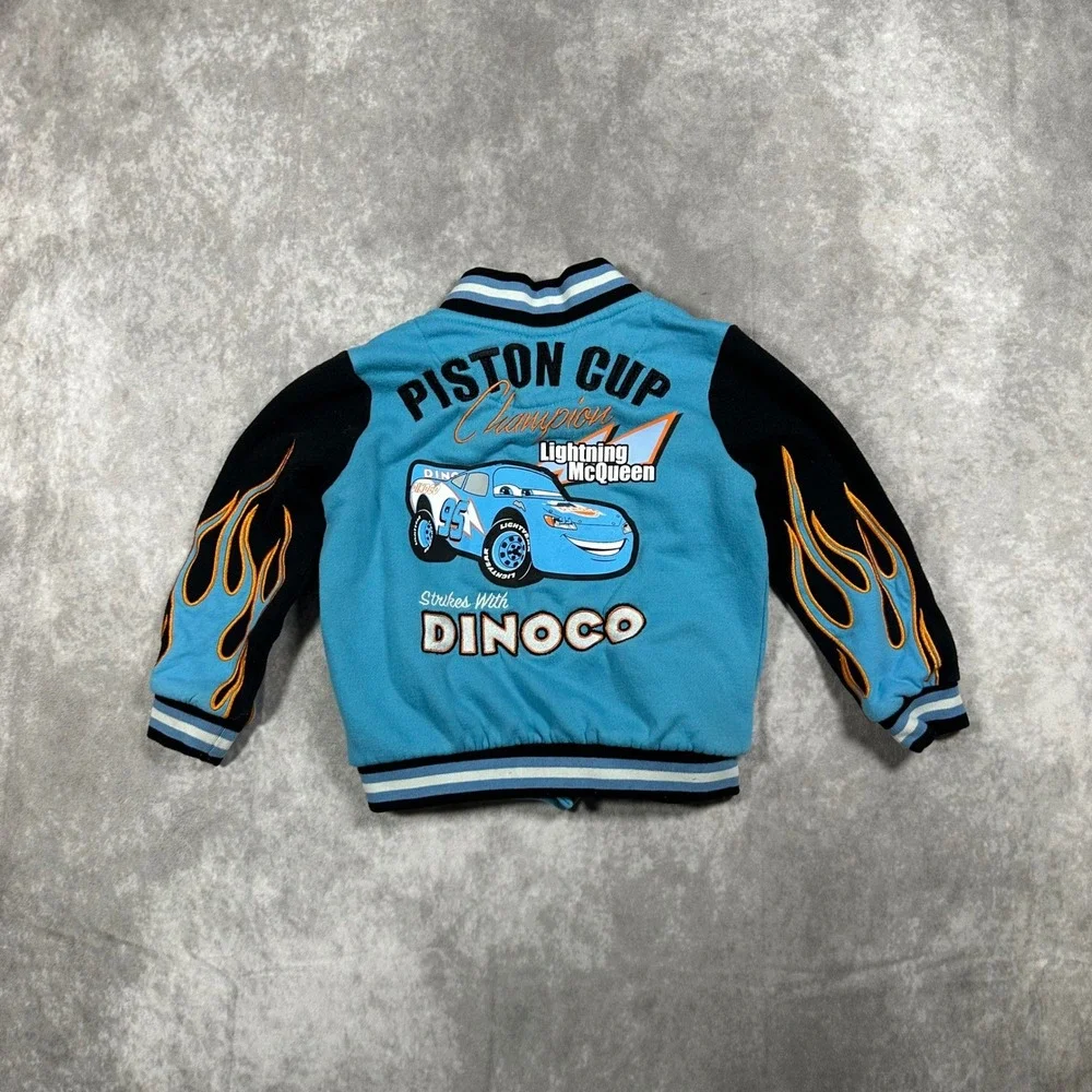Y2K Disney Pixar Cars Lightning McQueen Varsity Jacket Blue Flame Sleeves 3T